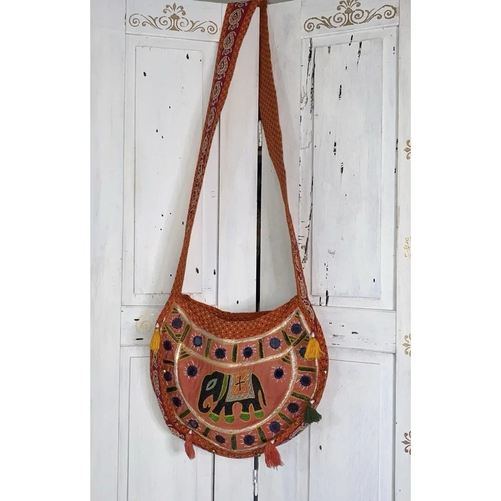 Vintage Embroidered Elephant Print Orange Sling Bag Purse Tassels, Mirror Dots